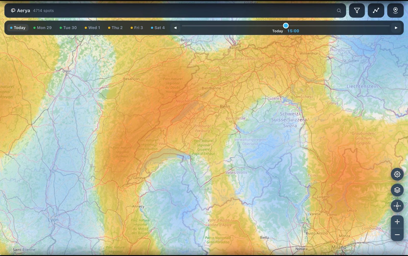 Aerya convergence overlay showing warm colors where air masses meet