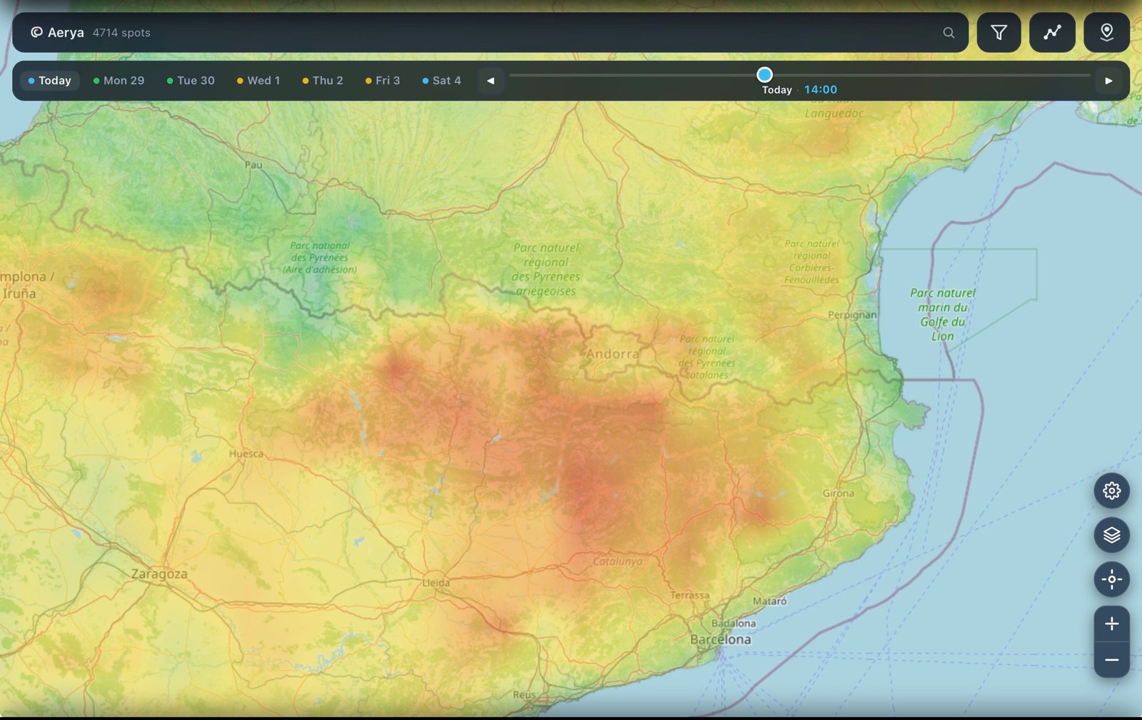 Aerya thermal-strength overlay showing warm cores concentrated along a mountain spine