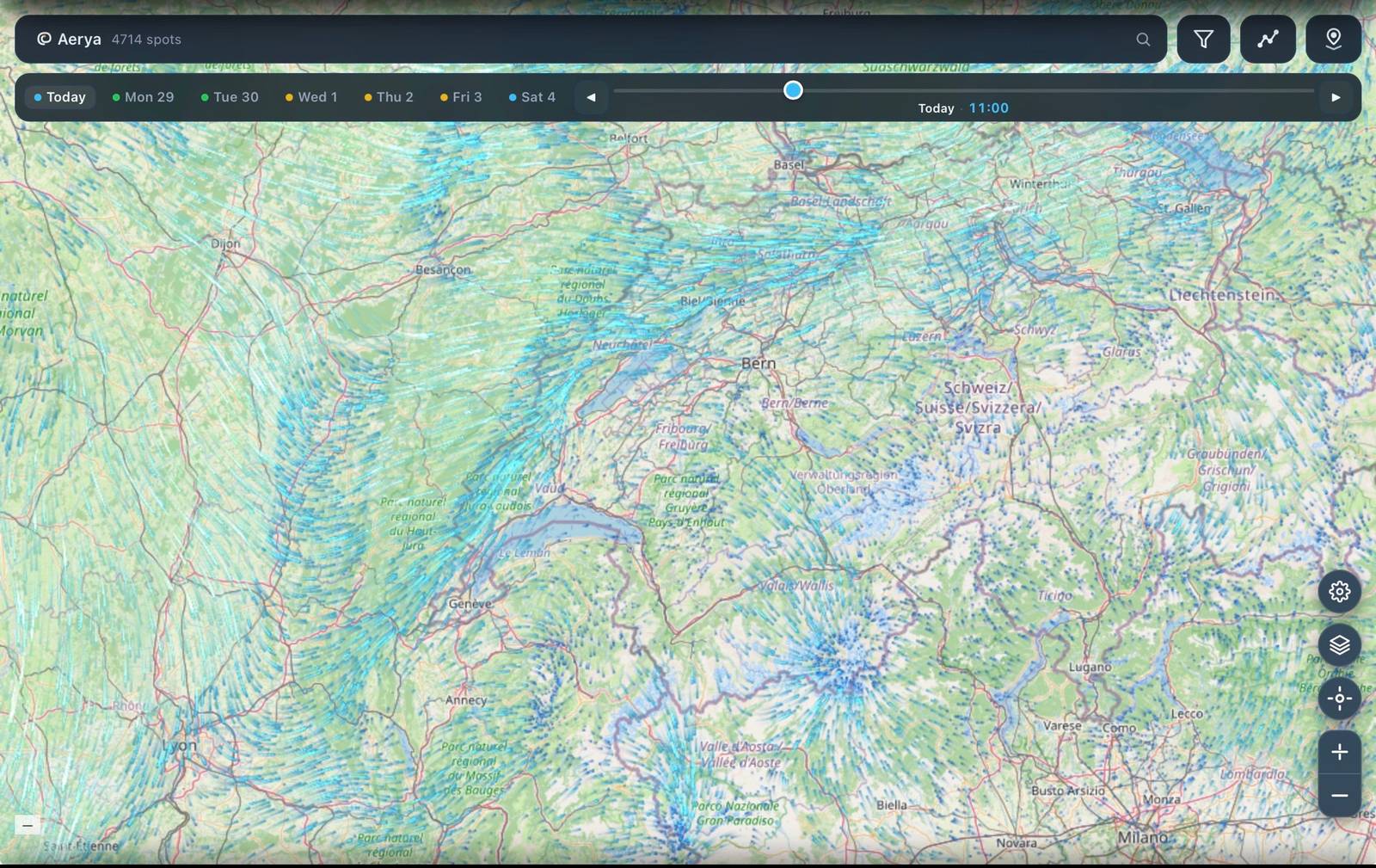 Aerya wind field overlay showing flow streamlines converging on a mountain ridge